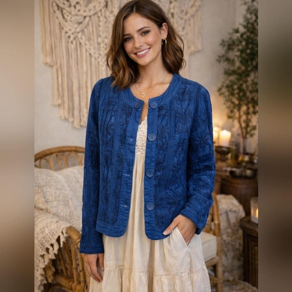 Chico's Royal Blue Textured Embroidered Jacket Size 1/S/M